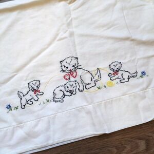 Vintage Hand Embroidered Cat & Kittens Family in Flowers Standard Pillowcase